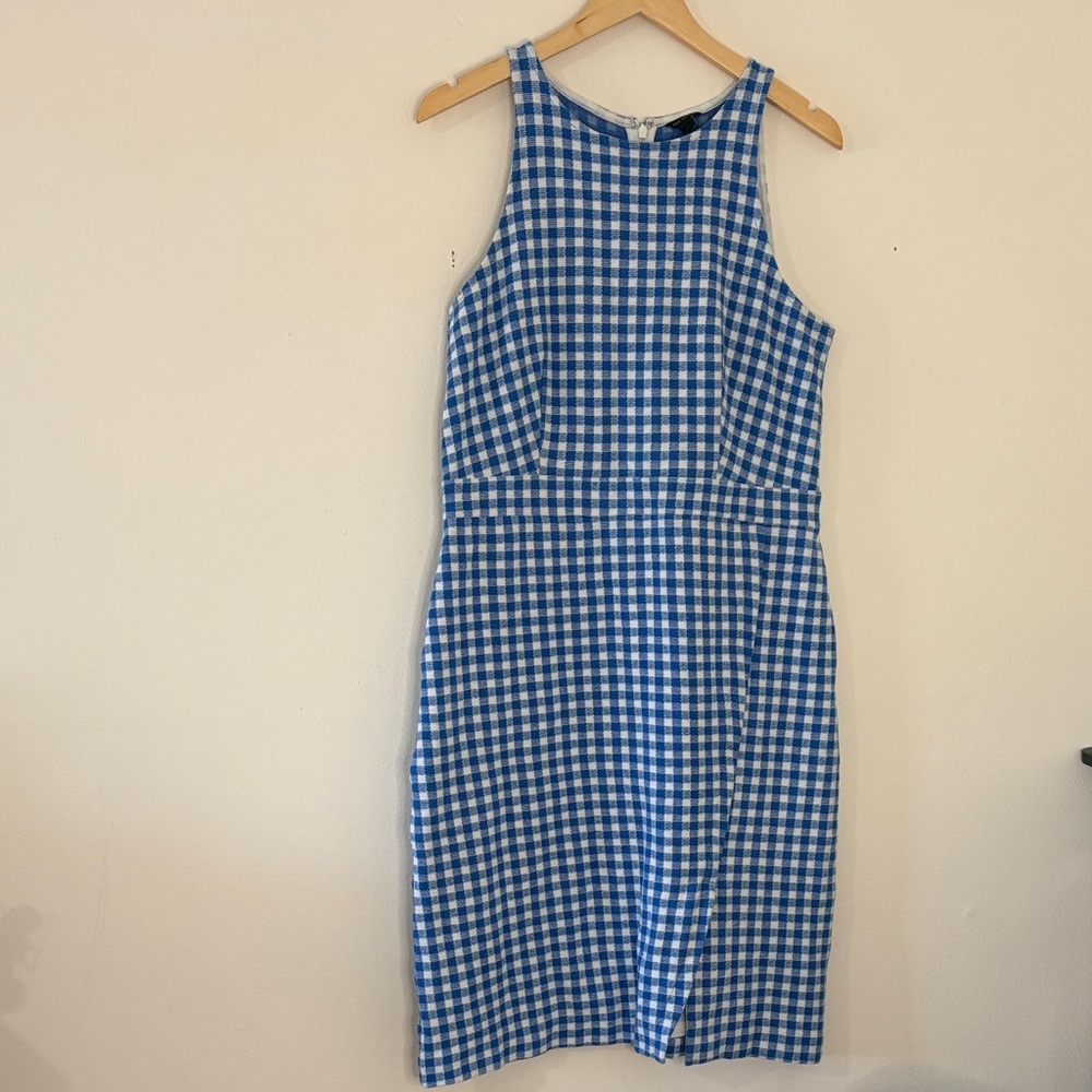Ann Taylor Blue Gingham Sleeveless Sheath Midi Dress Preppy Twee Cottage 12 Tall